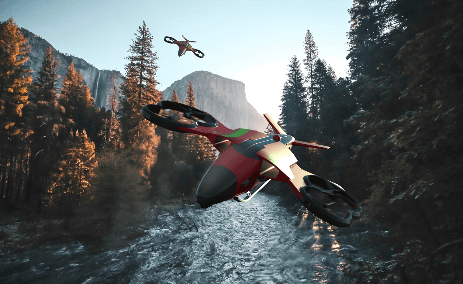 Conceptual rendering of two firefighting drones, one in the foreground and one in the distance, flying over a river in a forested area with a mountain backdrop, showcasing their collaborative operation.