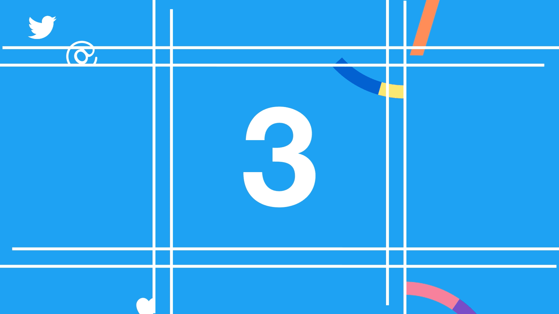 Animated countdown frame with the number three on a blue Twitter-themed background