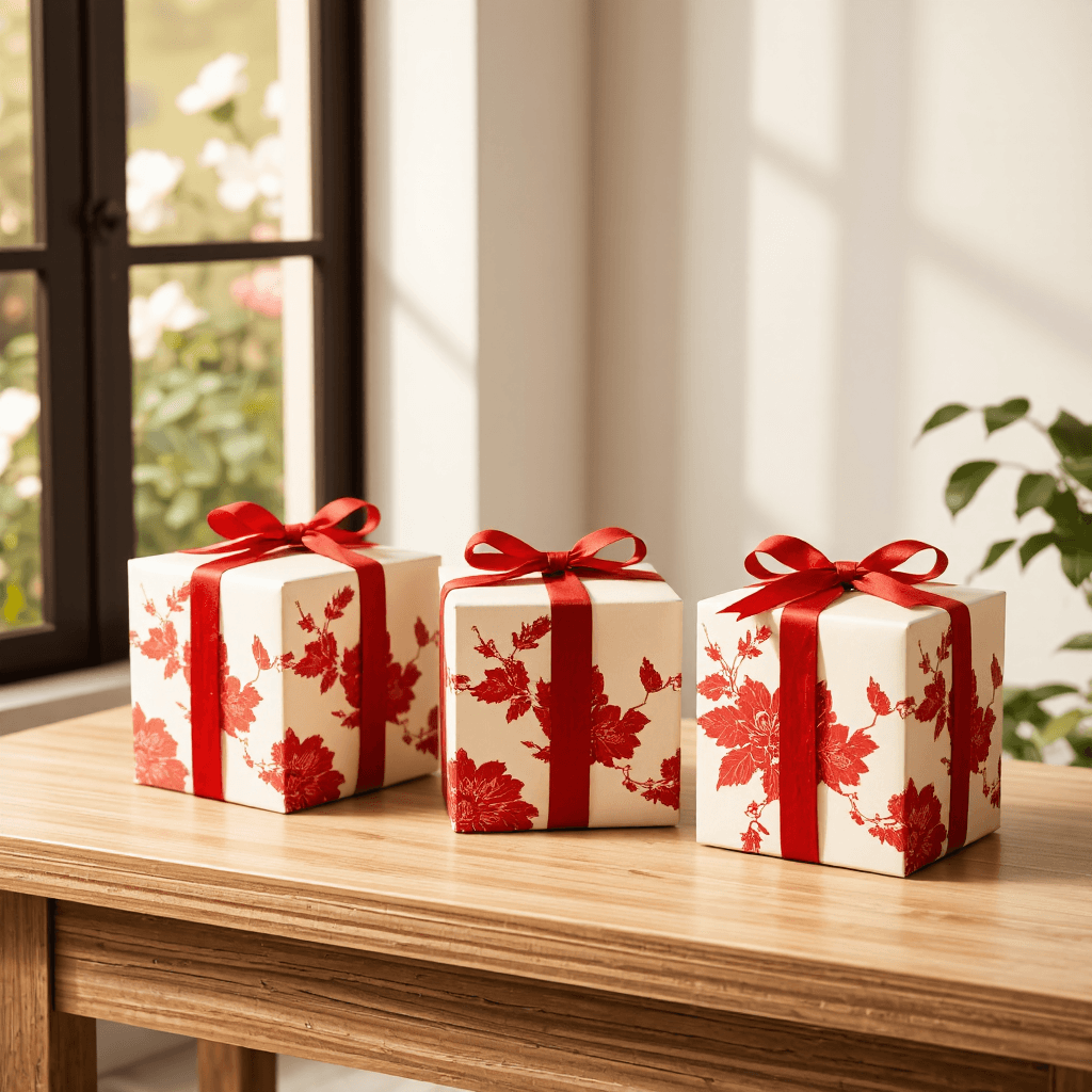 product photography of set of decorative gift boxes with a floral design and red ribbons