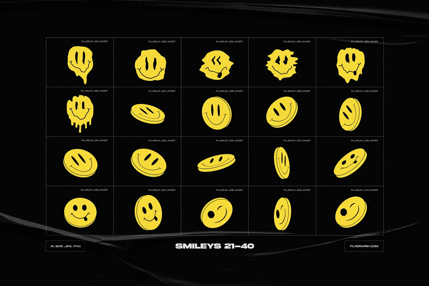 Y2K Abstract Acid smiley icons set 21 to 40 vector preview