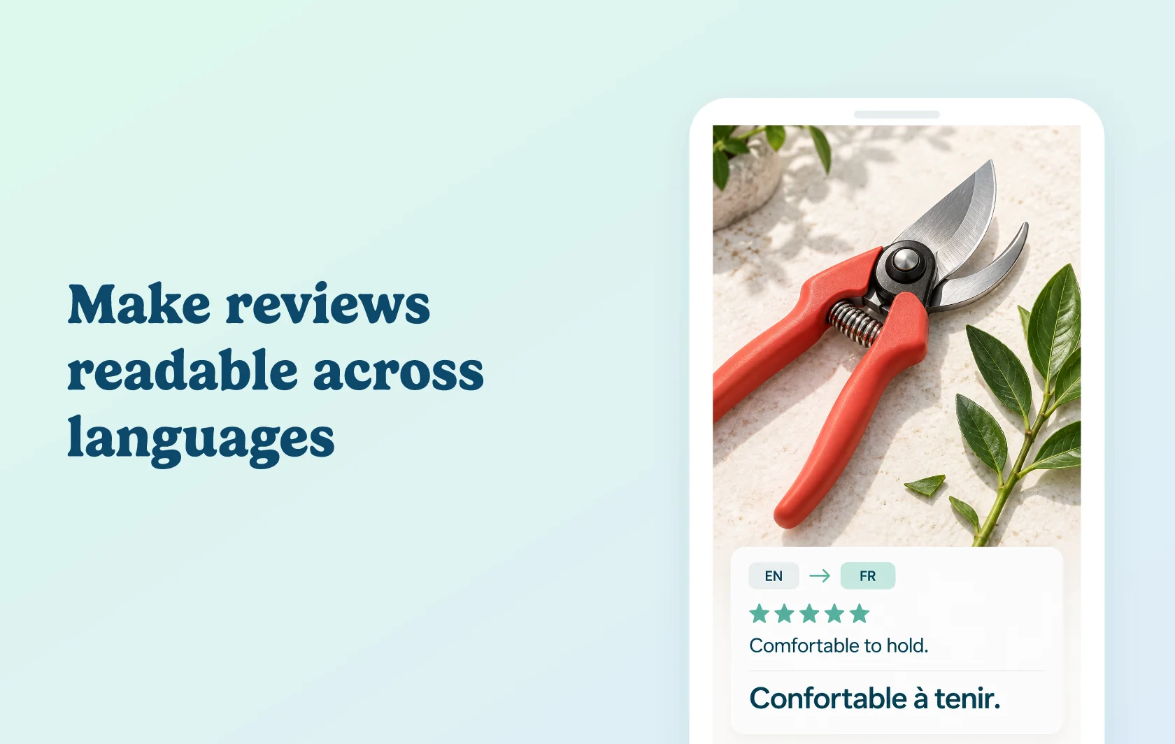 Judge.me and Lokalize integration: illustration of a garden secateurs product page with matching English and French review text.