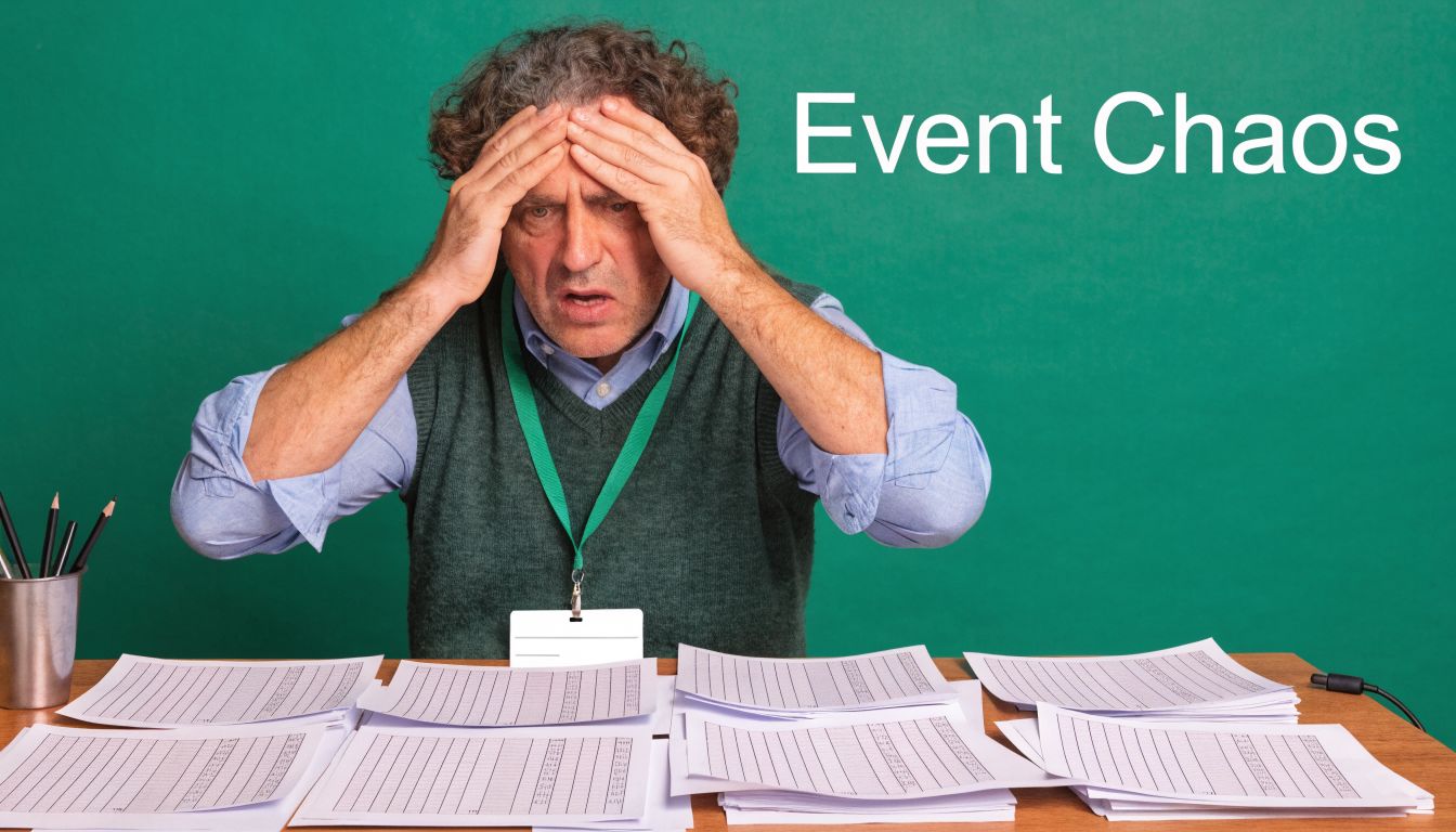 A stressed man with curly hair holding his head, surrounded by stacks of paperwork on a desk.