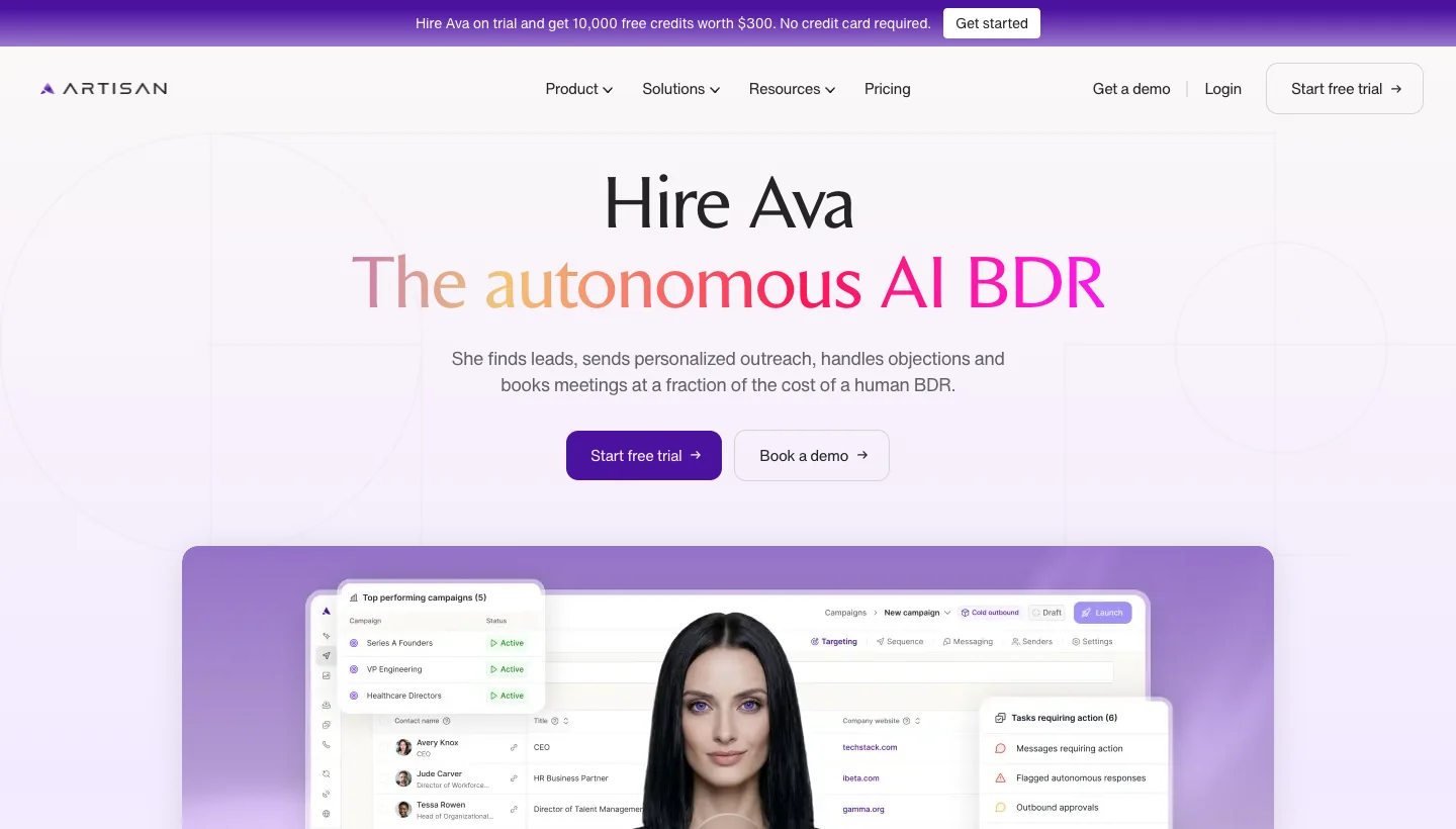 Artisan homepage: AI BDR (Ava) that automates outbound sales tasks
