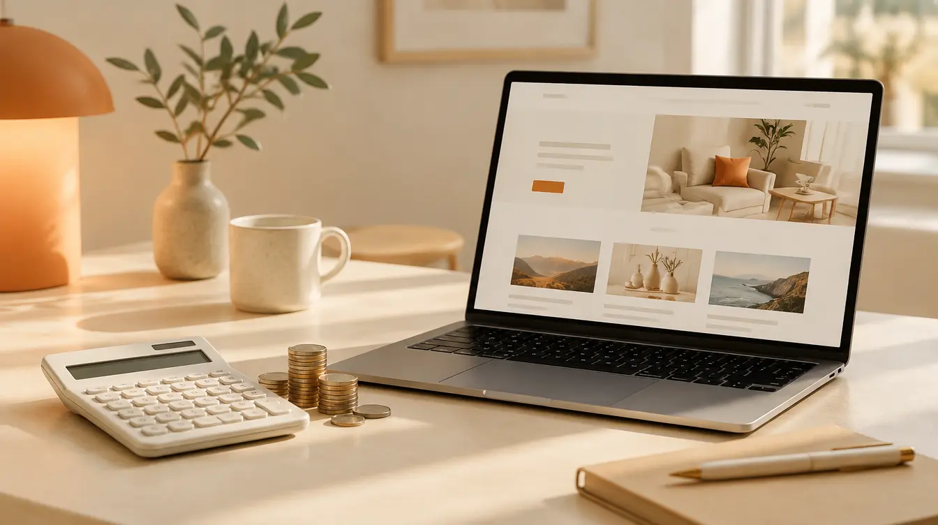 Calculator and coins beside a laptop showing a website mockup, representing website pricing