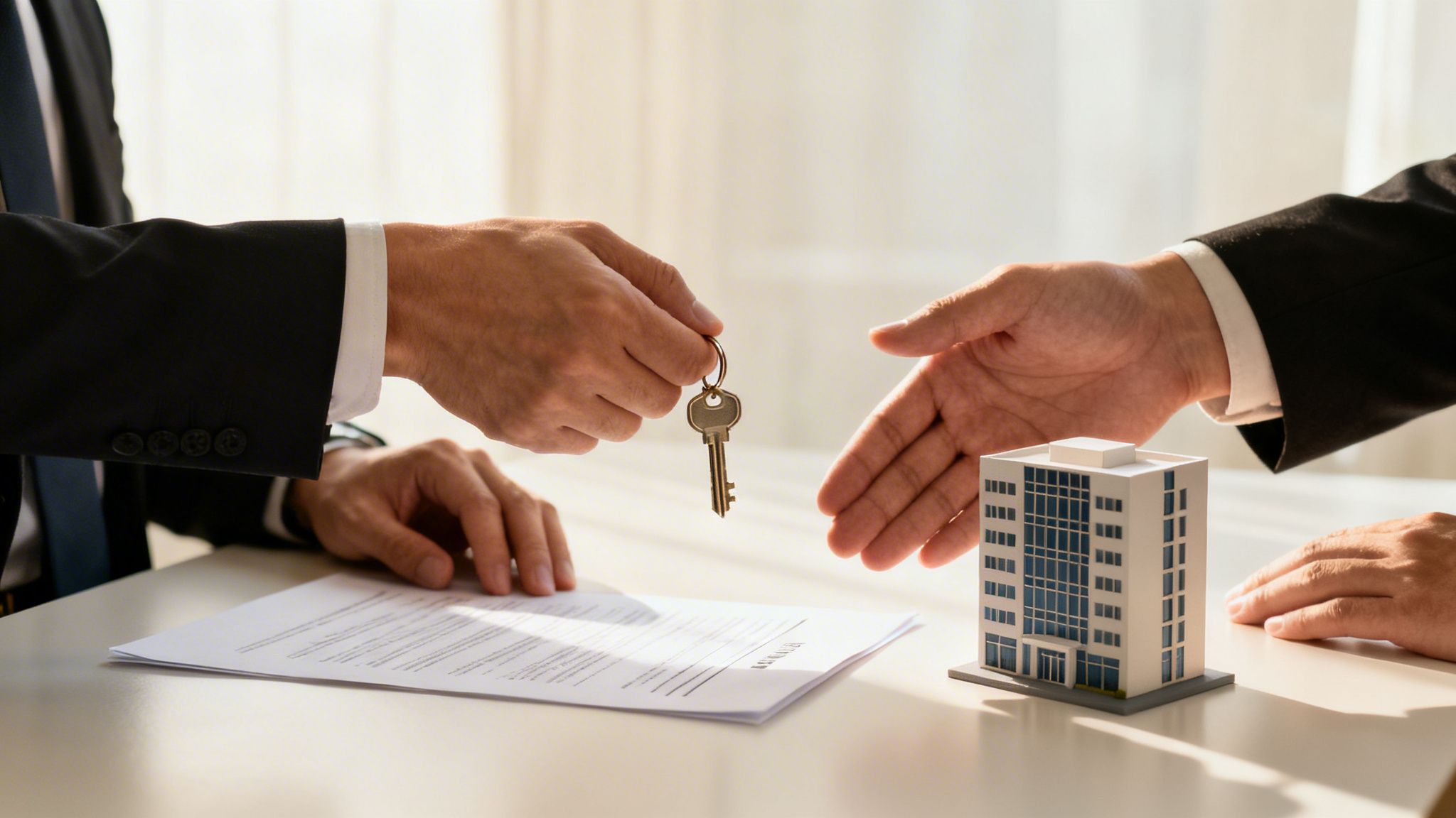 Två affärsmän vid ett bord, den ena överlämnar nycklar till den andra, med ett kontrakt och en modell av en byggnad.