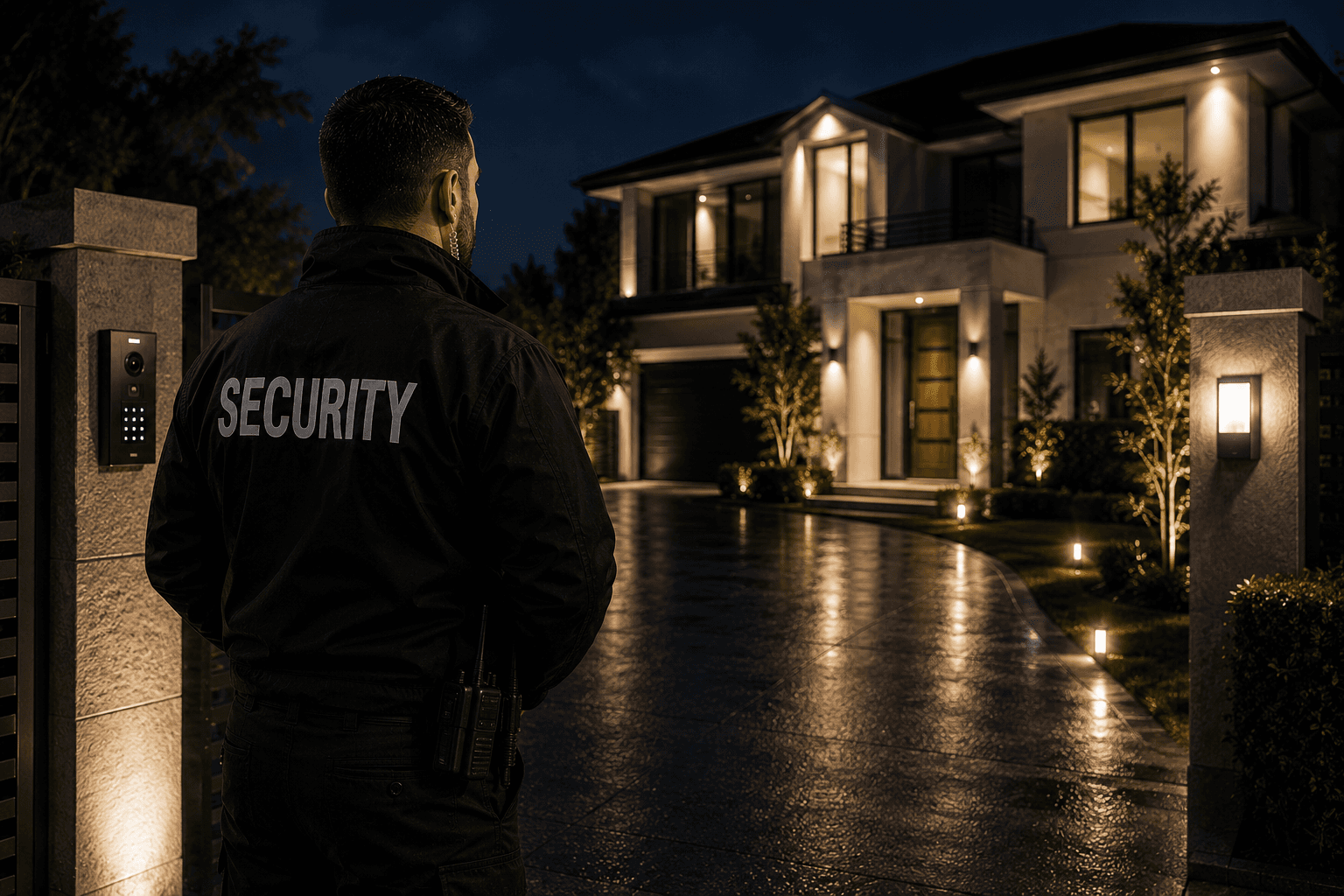 Residential security officer patrolling a luxury private estate and gated property during the evening.