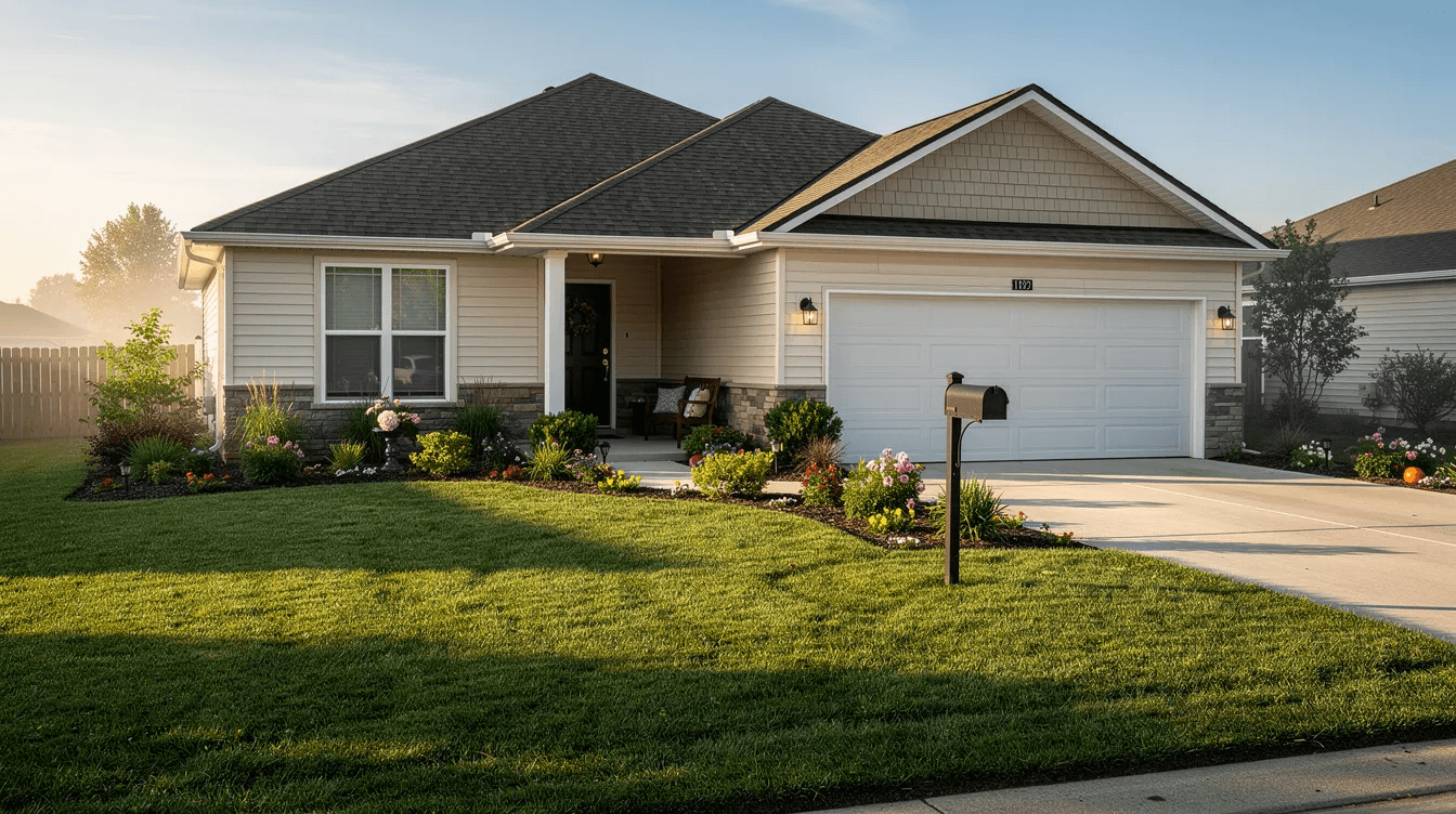 A suburban house with a well-maintained green lawn and a vibrant garden is depicted from the street on a sunny morning, symbolizing a stable and comfortable life. This image represents the type of property that may be involved in navigating divorce after sudden wealth, highlighting the importance of financial decisions and family dynamics during such transitions.