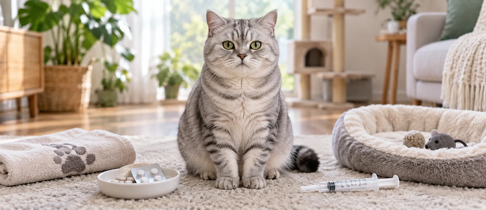 A cat sits beside deworming tablets and a syringe laid out on the floor.