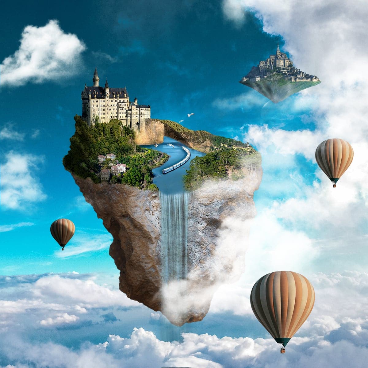 Photomontage surréaliste d'îles flottant dans le ciel