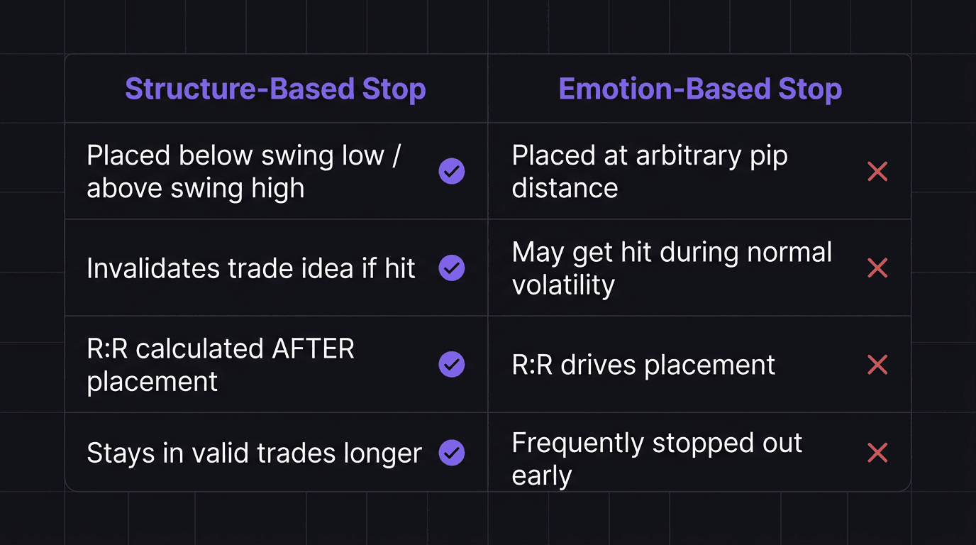 Comparison table showing structure-based vs emotion-based stop loss placement
