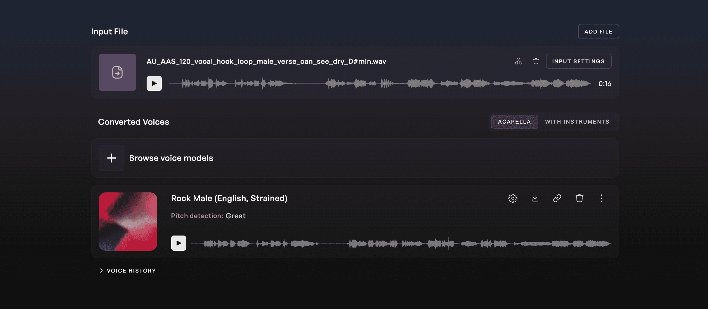 Kits AI Convert page with the Male Strained Rock voice model selected