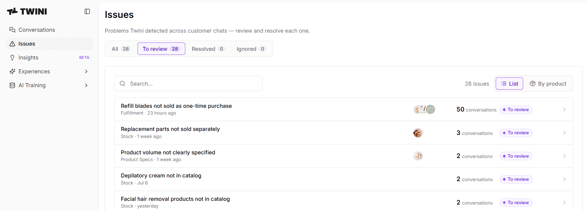 Issues, the gaps and friction Twini detected, ready to review and resolve.