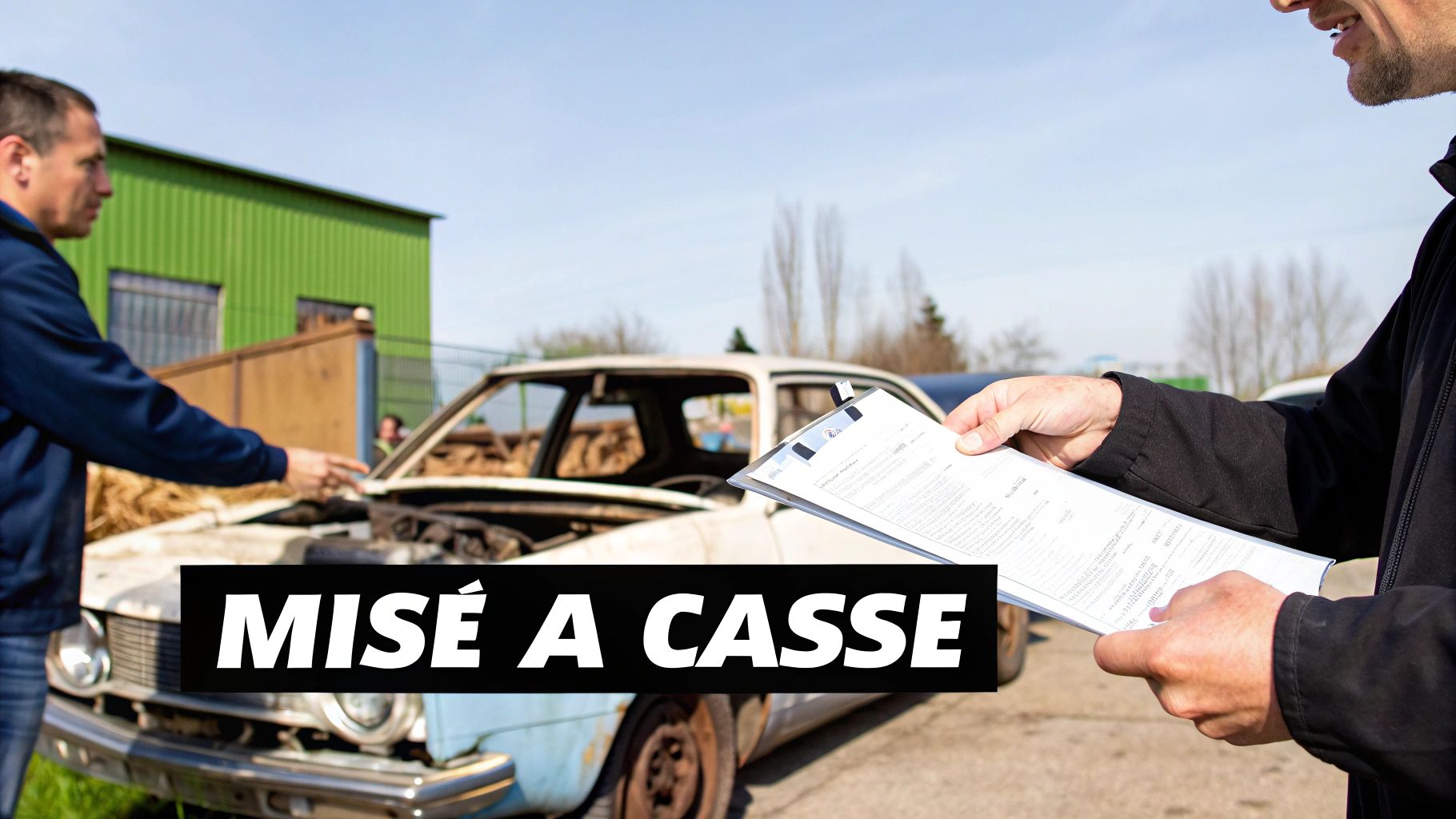 Deux hommes examinent une voiture hors d'usage pour la mise à la casse, l'un tenant des documents.