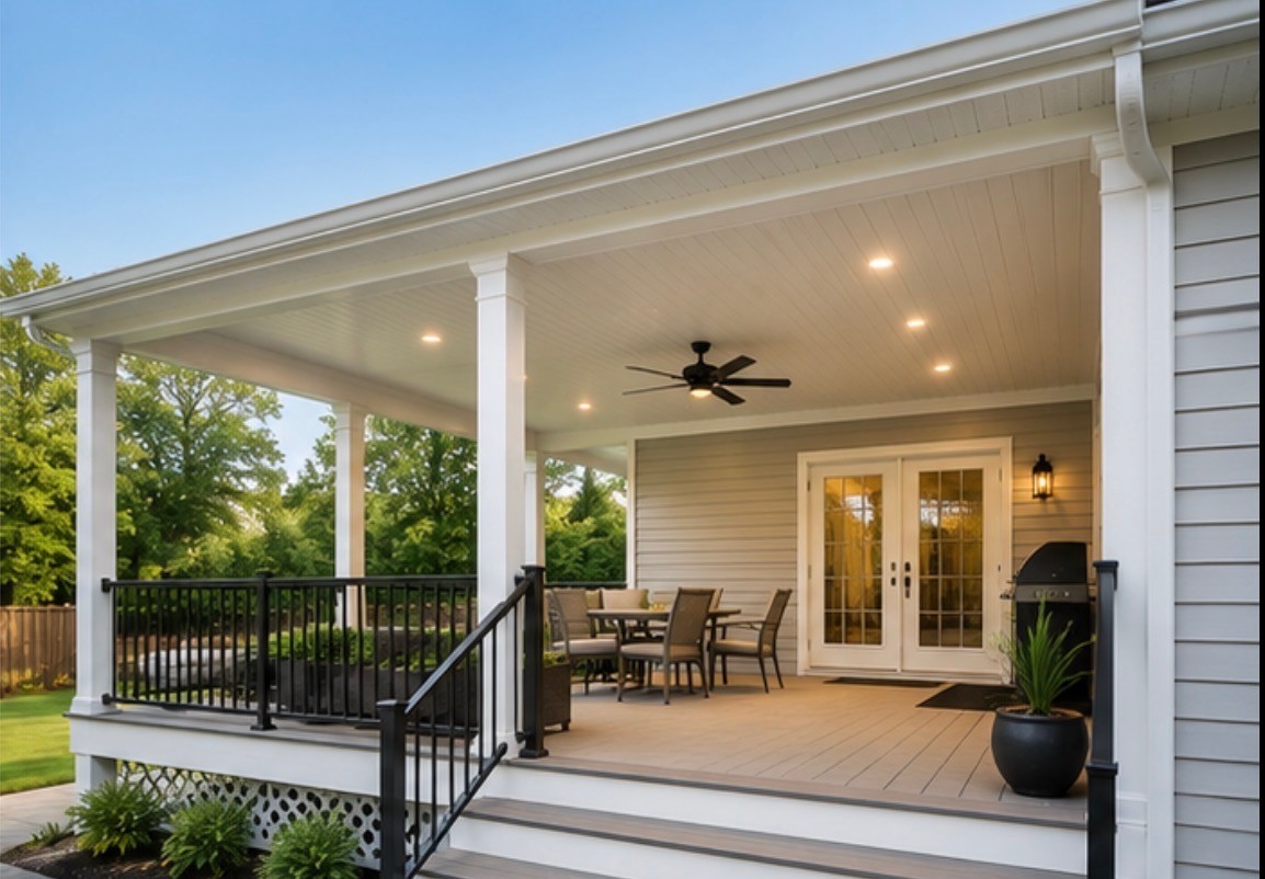 Finished backyard deck with seating and railing