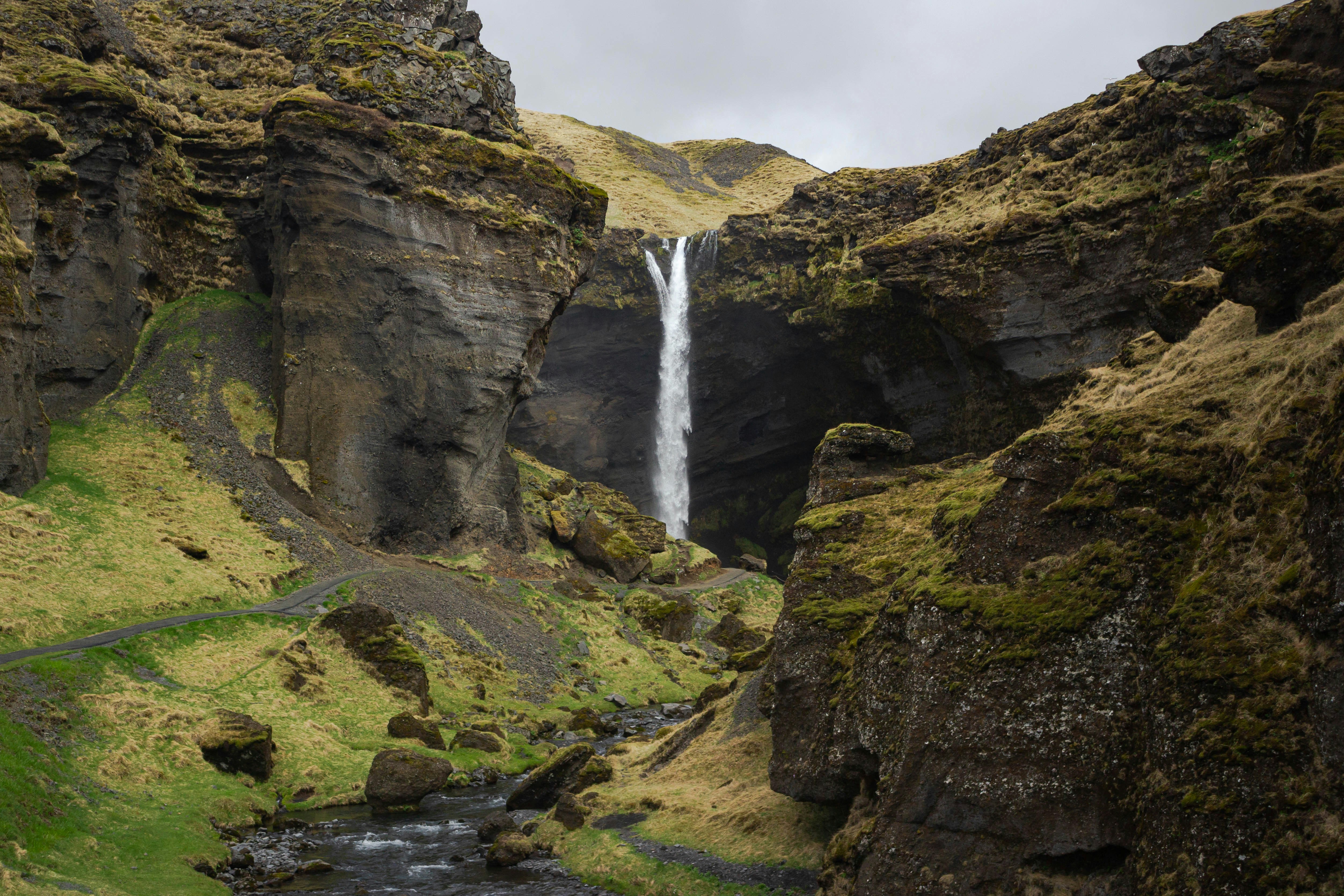 Kvernufoss Waterfall hidden within a narrow gorge in South Iceland.