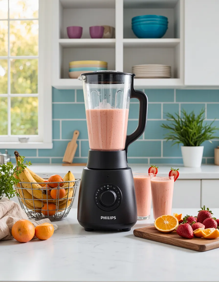 Blender with strawberry-orange smoothie on white countertop, surrounded by fresh fruit ingredients against teal backsplash in bright kitchen