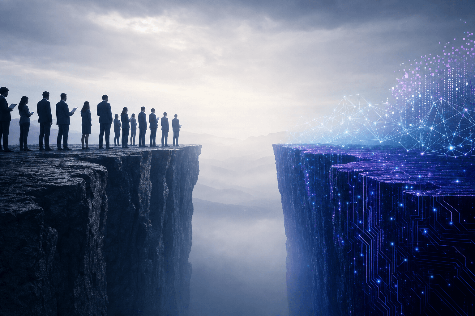 A modern, abstract illustration showing a widening gap or chasm between two sides, representing the AI skills gap in the workforce. On one side, show silhouettes of office workers and professionals, on the other side show abstract representations of AI technology like neural networks, circuit patterns, and digital elements. Use a clean, professional color palette with blues, purples, and grays. The gap should be prominent and visually striking to represent the $5.5 trillion economic impact. Corporate, minimalist style with depth and dimension.