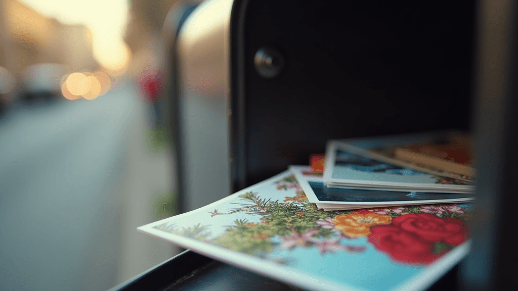 Eye-level view of a mailbox filled with colorful postcards
