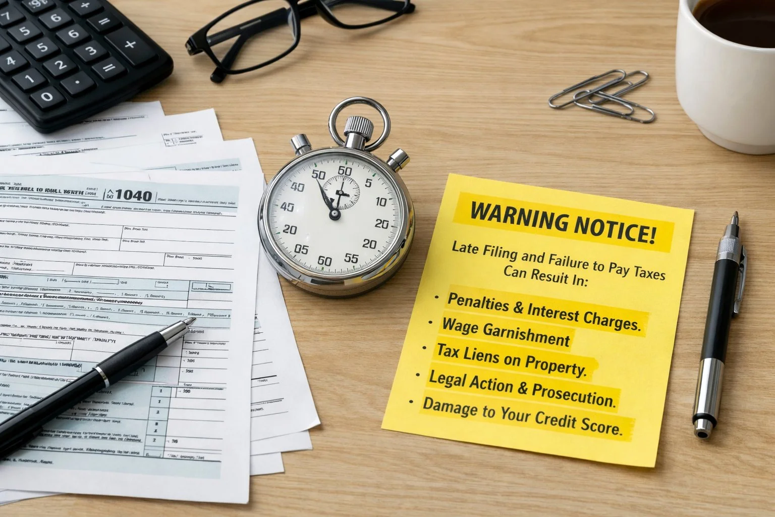 Tabletop scene with partially completed tax forms, a stopwatch, and a highlighted warning slip, symbolizing deadlines and compliance risks.