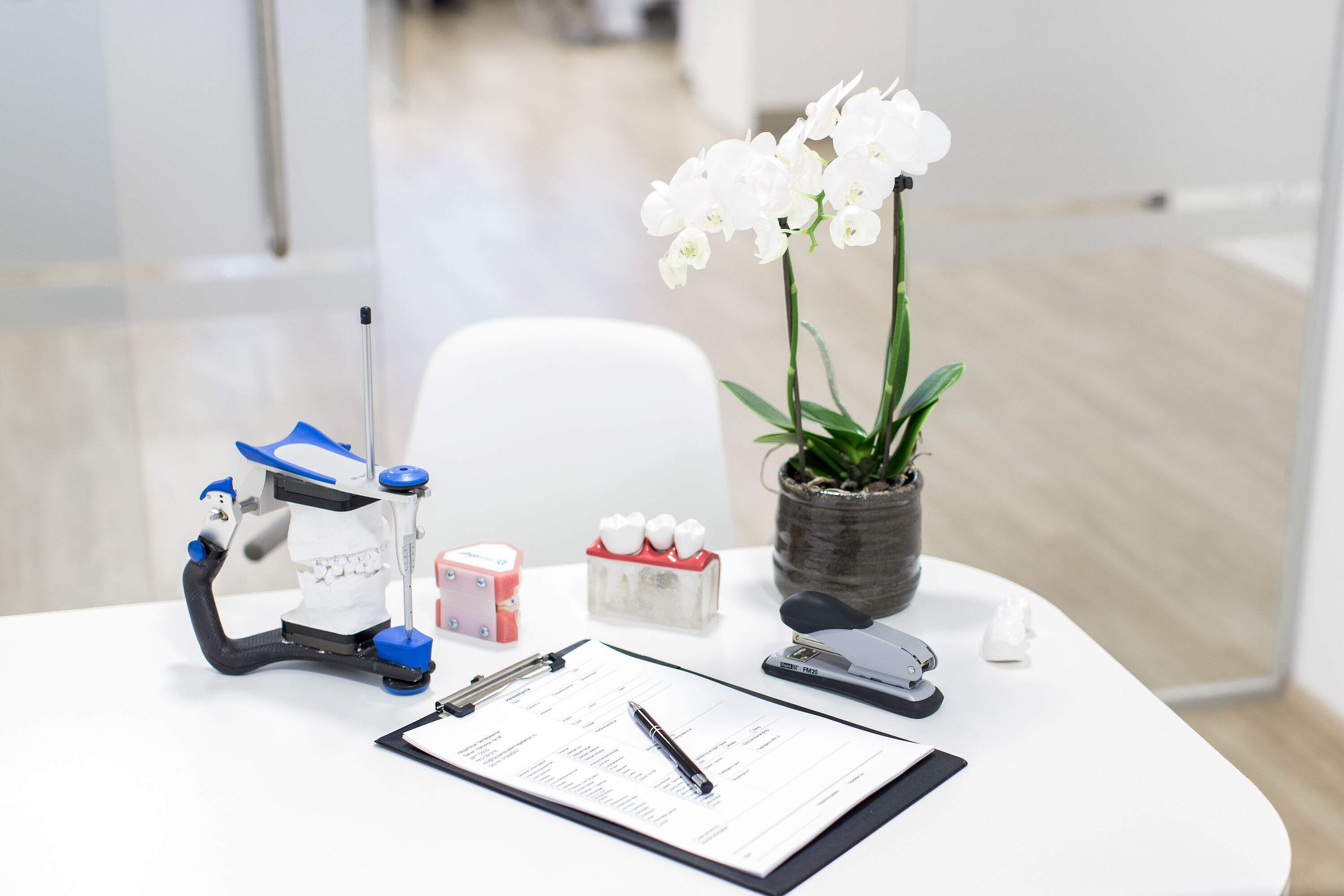 Tannlegekontor med tannmodeller, pasientskjema og hvit orkidé på bordet