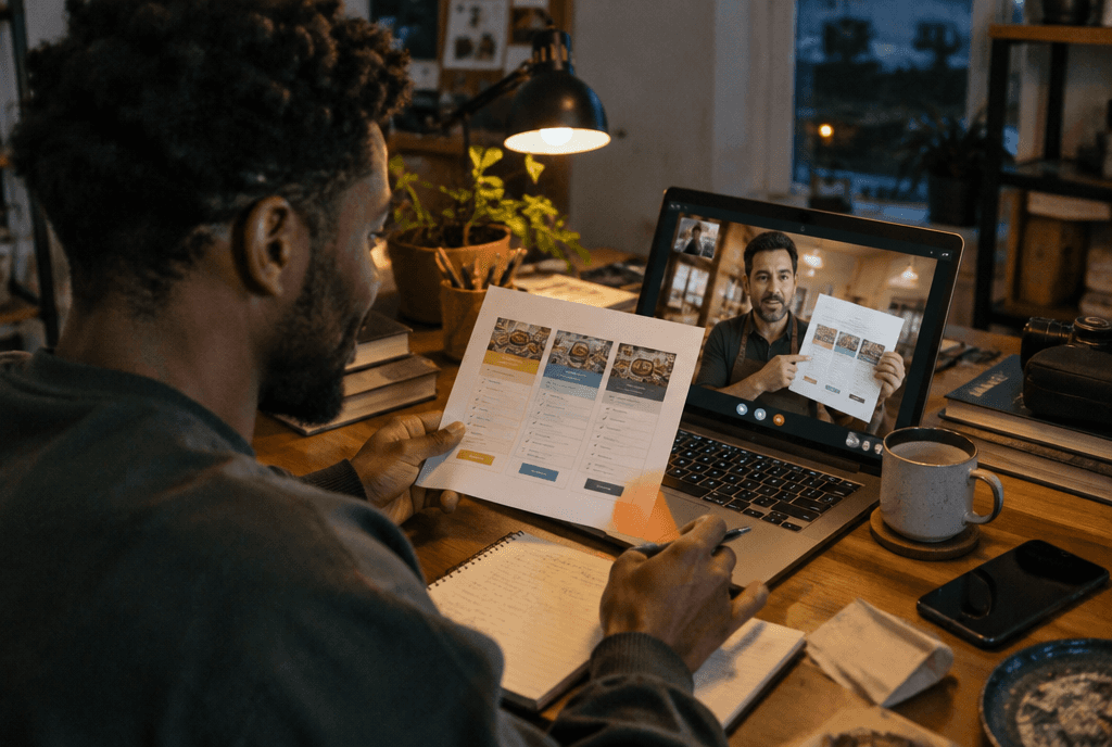 Directory founder on a video call presenting a featured listing plan to a restaurant owner
