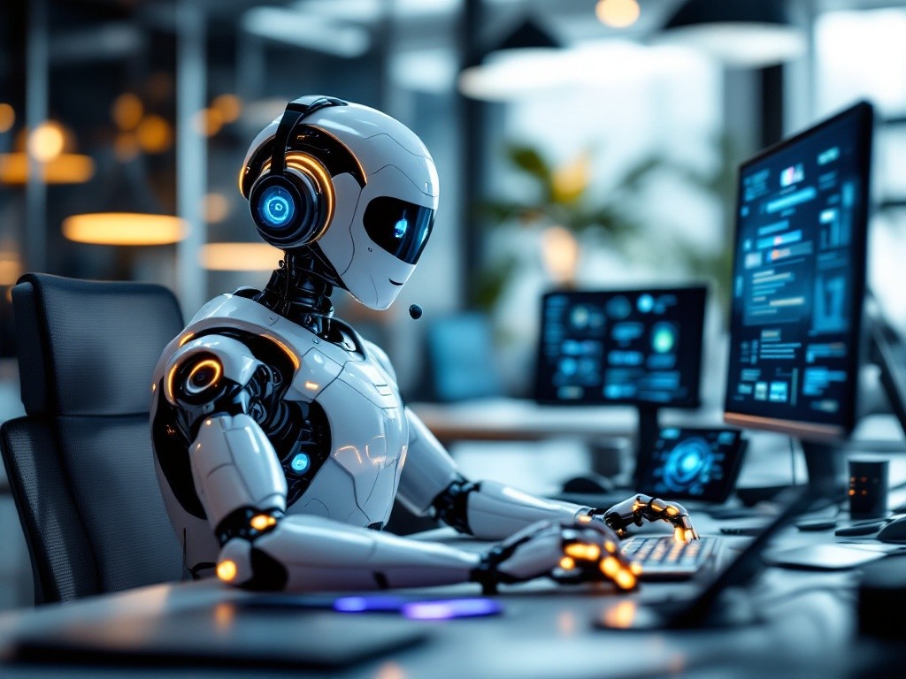 A white robot with a headset is sitting at a desk and working on a computer.