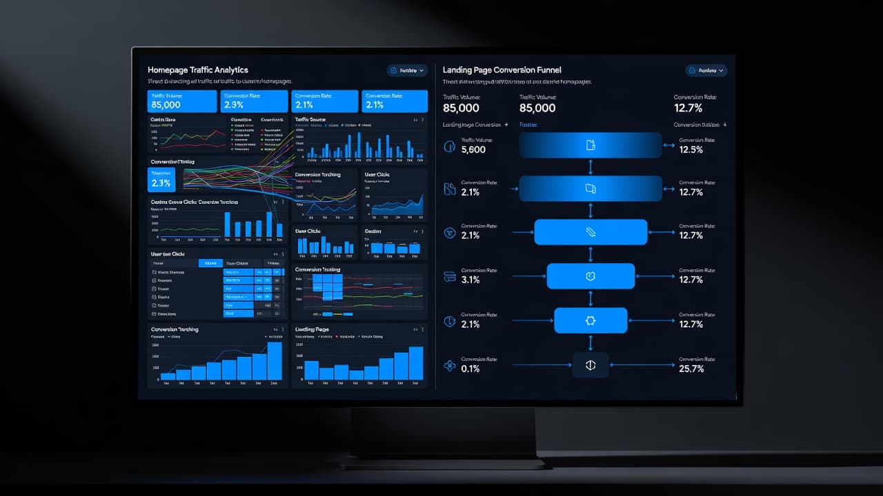 A computer monitor glowing with blue website traffic analytics charts.