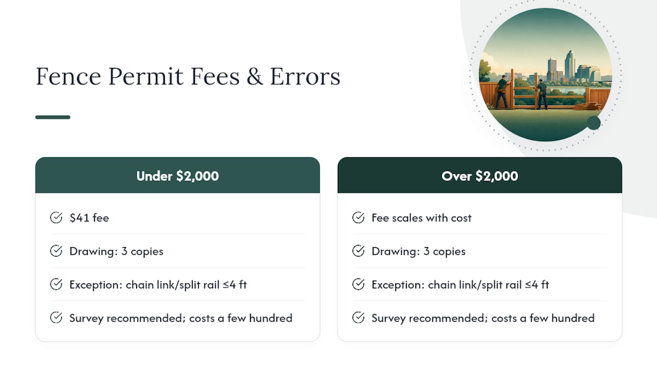 Fence permit fee tiers and common drawing mistakes diagram
