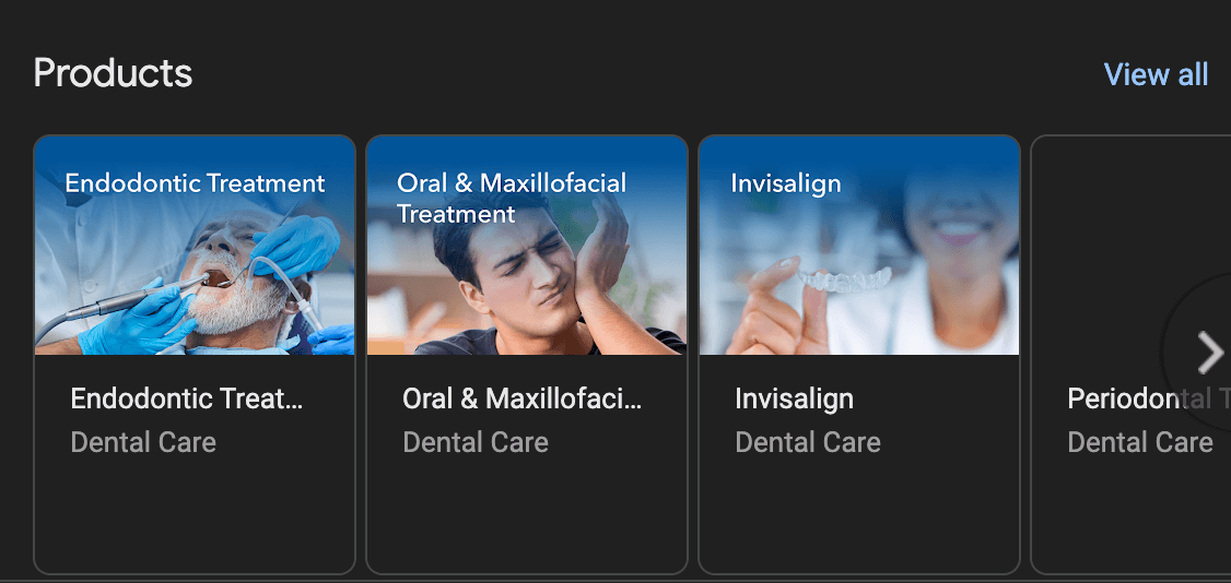 Example of the “Products” Section on a Dentist’s Google Business Profile