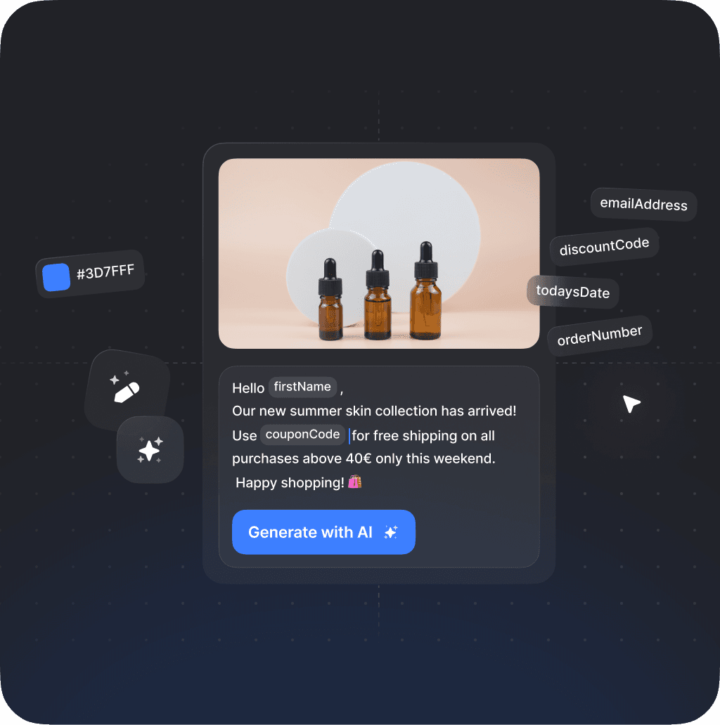 Modello di messaggio costruito con campi personalizzabili e assistenza AI, che promuove la collezione estiva per la pelle di Elysia Skincare. I campi includono segnaposto per l'indirizzo email, il codice sconto, il numero d'ordine e la data di oggi.