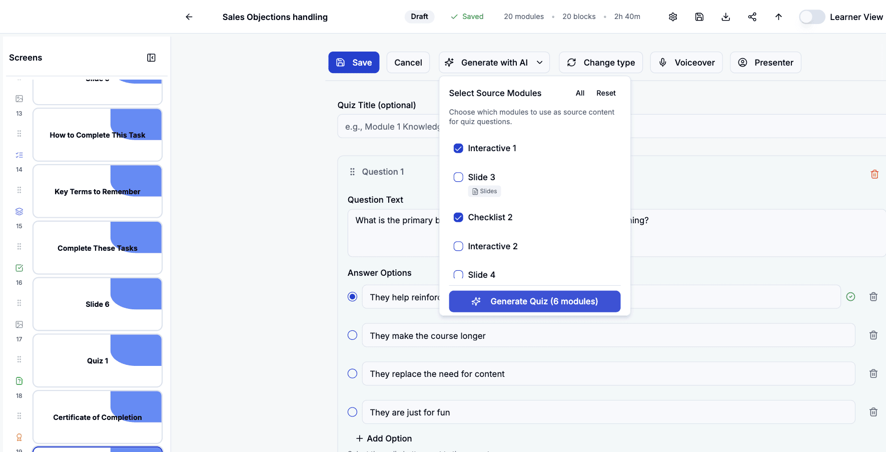 Click 'Generate Quiz (6 modules)' to create questions based on all the content you've selected.