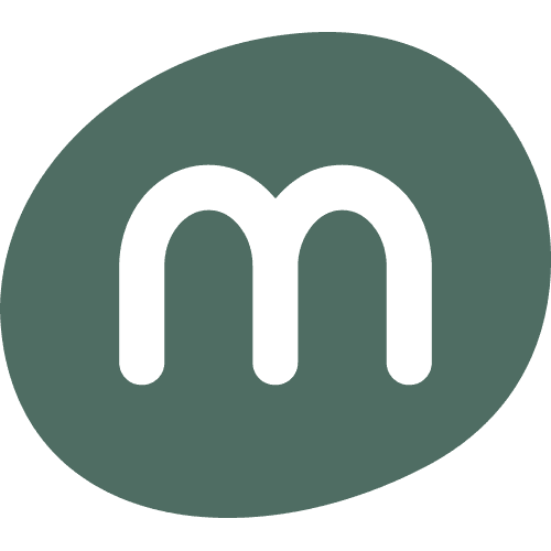 Logo featuring a stylized letter "m" enclosed in an oval shape, with a simple and modern design.