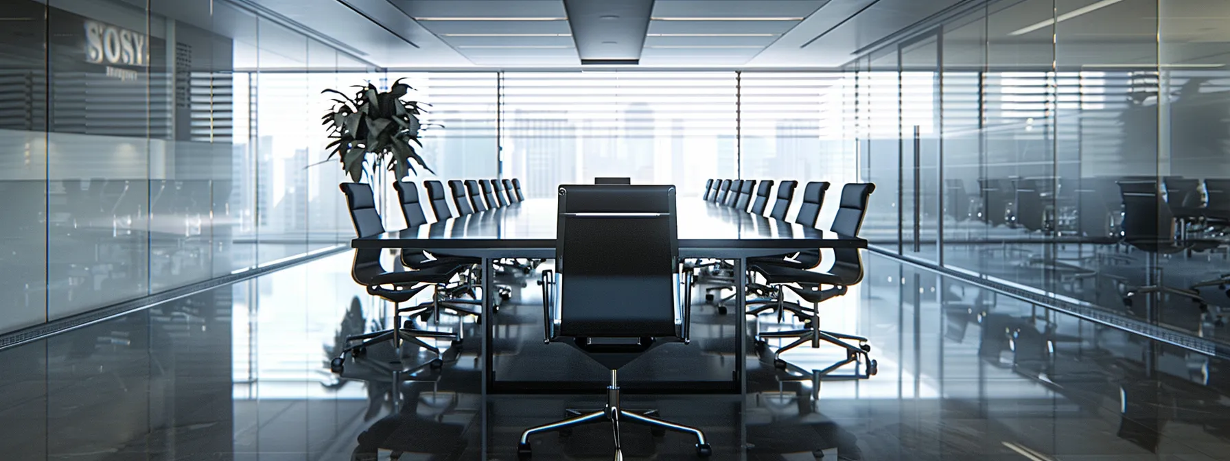 a sleek, modern office space features a polished glass conference table surrounded by high-backed chairs, illuminated by dramatic overhead lighting that casts sharp shadows, emphasizing the contemporary aesthetic.