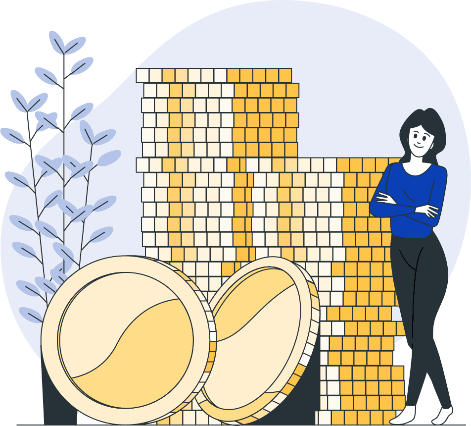 Illustration of a woman resting on multiple coins