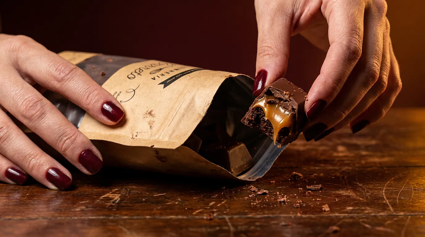 female hand grabbing a piece of brownie from the zip pouch package