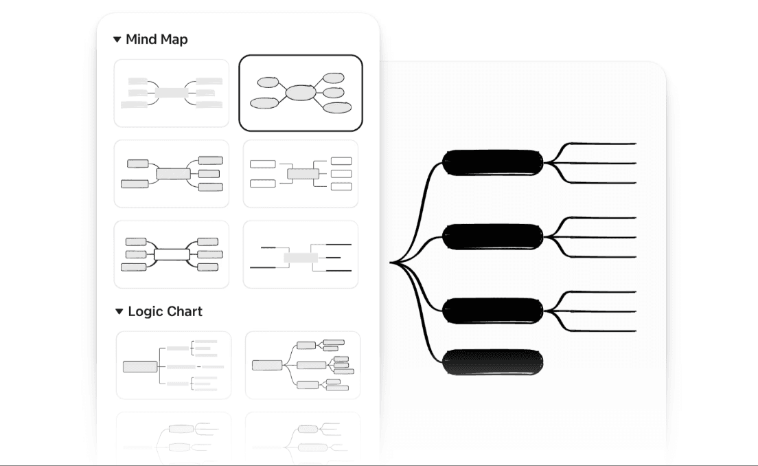 Xmind workspace with mind map layouts and structure options for organizing ideas visually