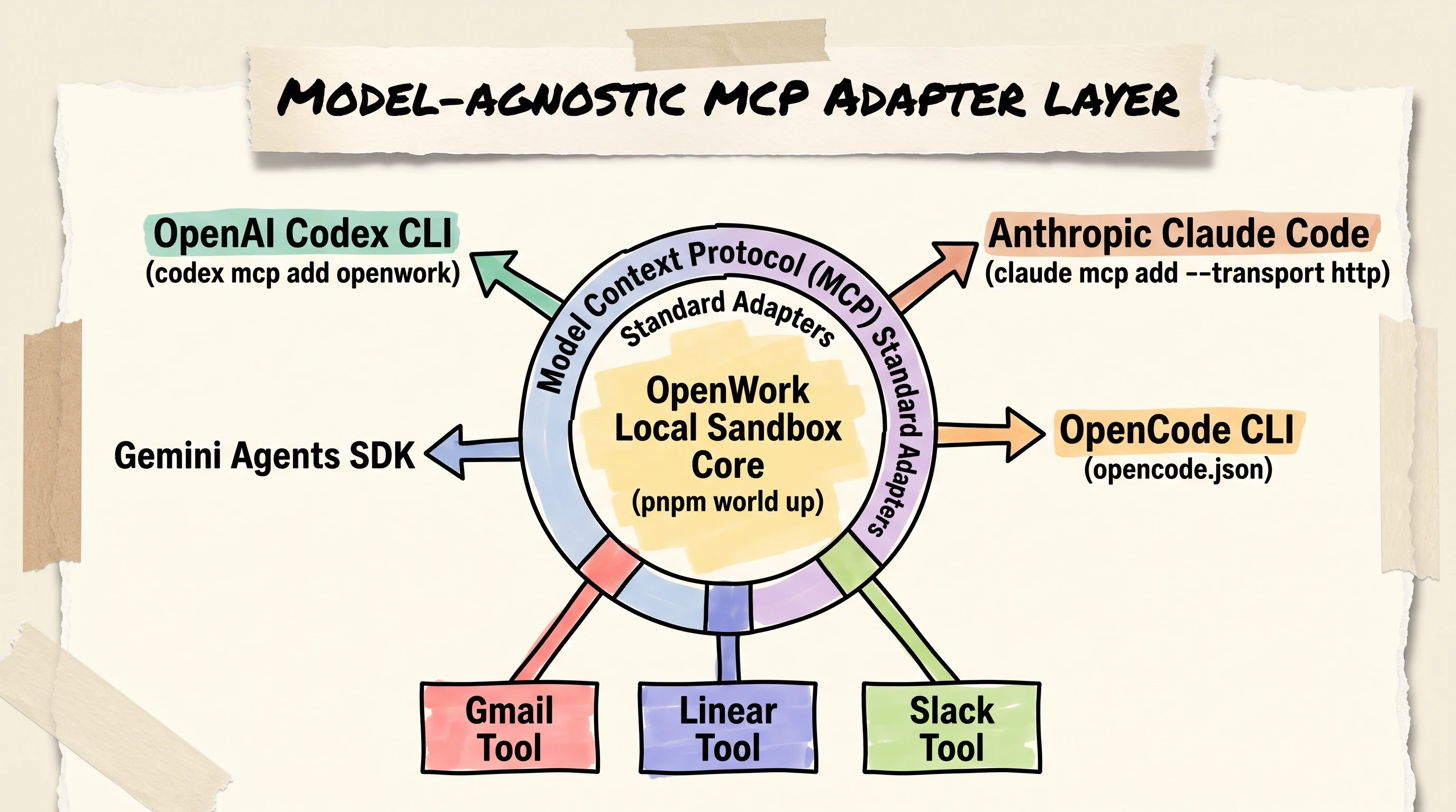 Scrapbook diagram illustrating the Model Context Protocol MCP adapter layer connecting multiple agent runtimes