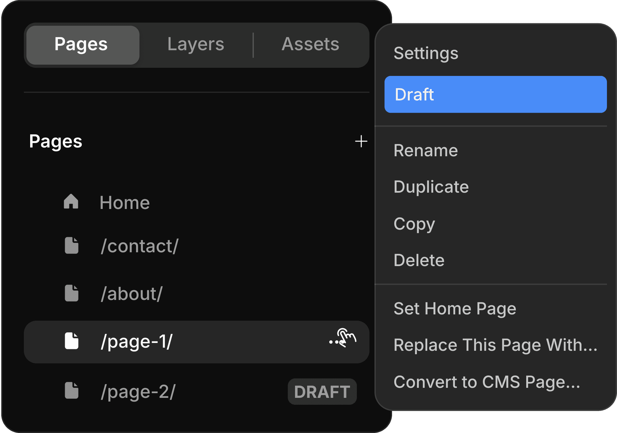 Visual representation of putting a page in draft in framer