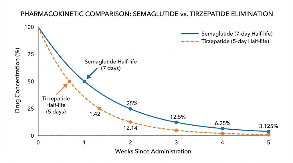 Semaglutide and tirzepatide half-life and body elimination timeline comparison