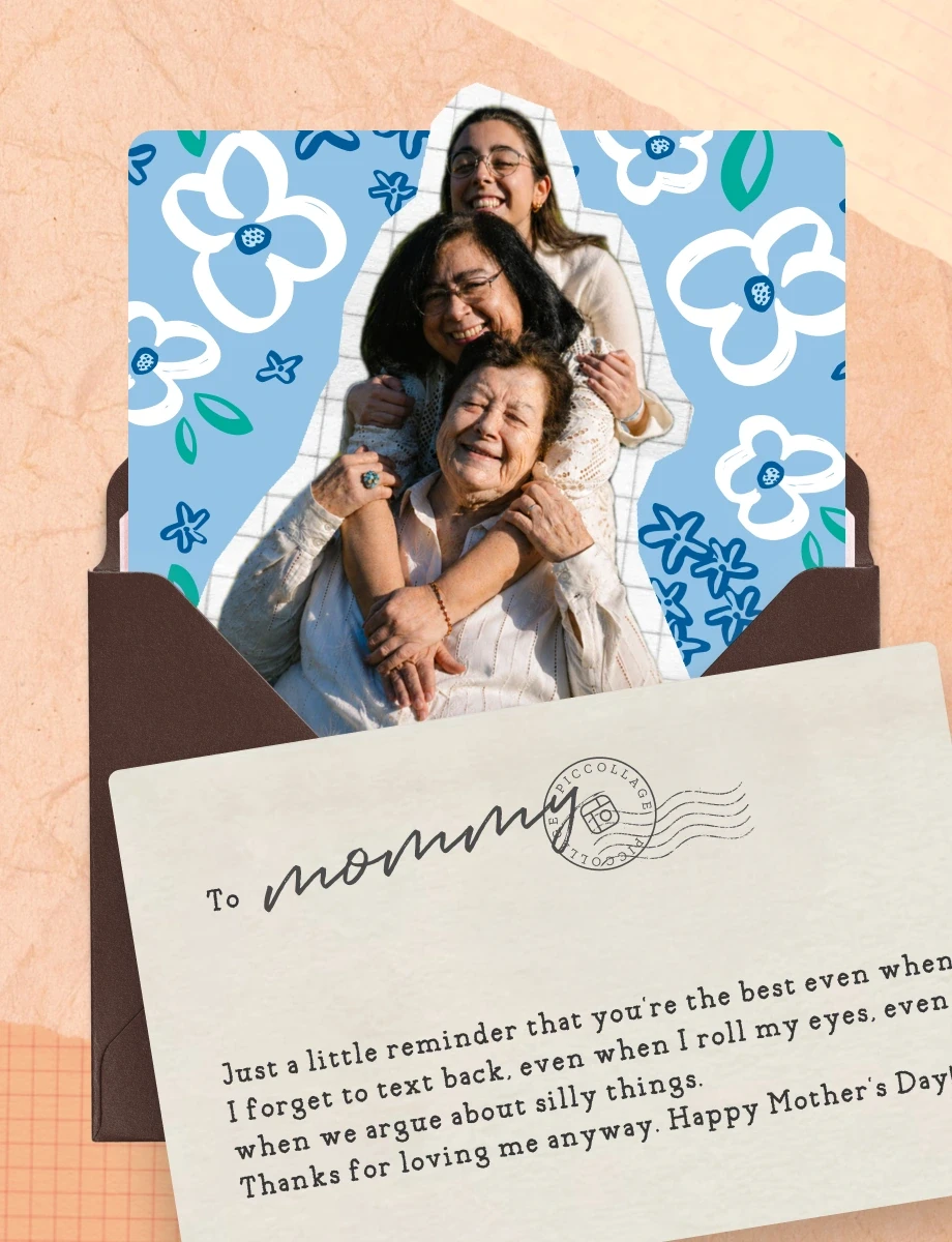 Mother's Day card with a three-generation family photo and a handwritten 'To mommy' note