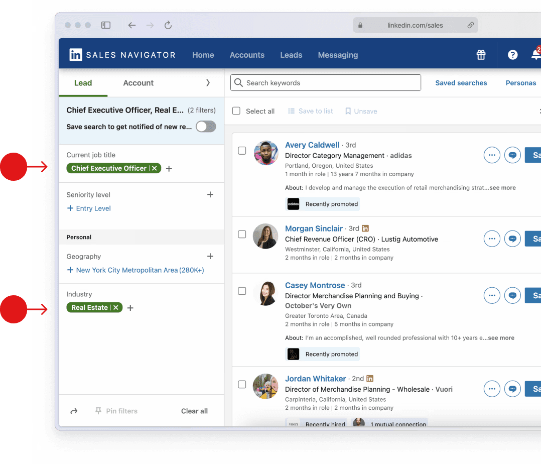 Screenshot showing LinkedIn lead filters