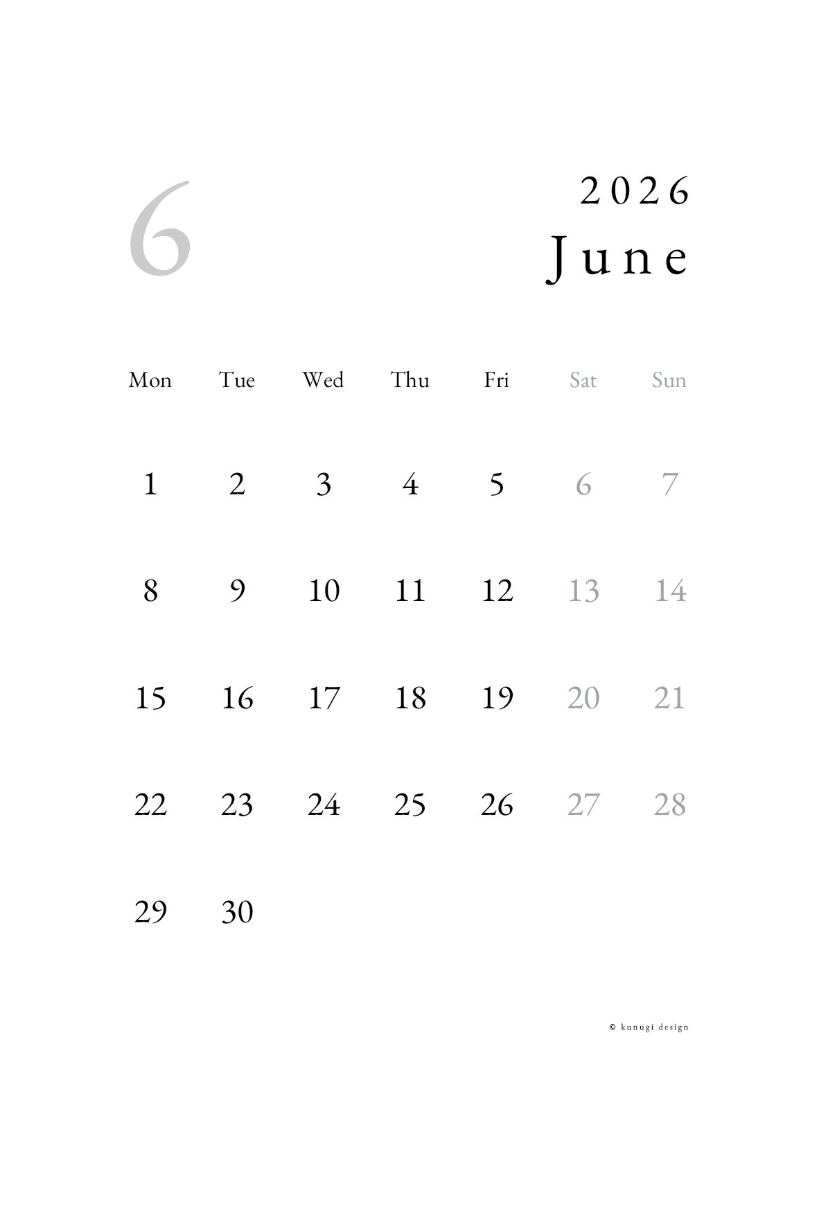 2026年6月カレンダー