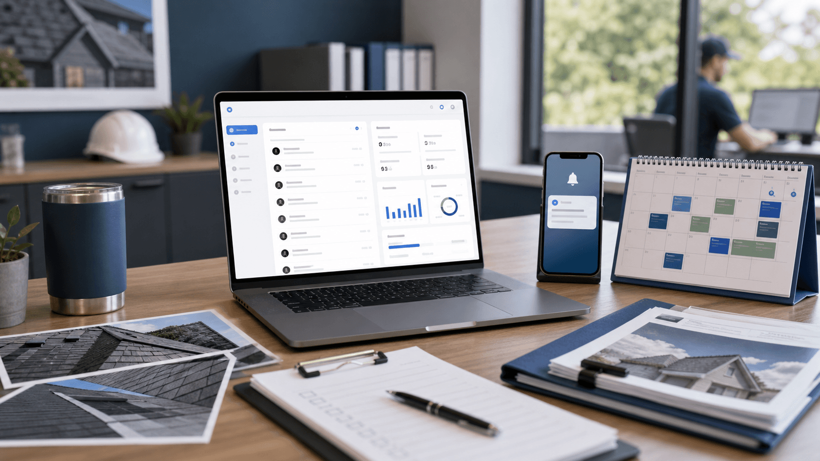 Roofing company inbox showing estimate requests, follow-up reminders, and booked inspections