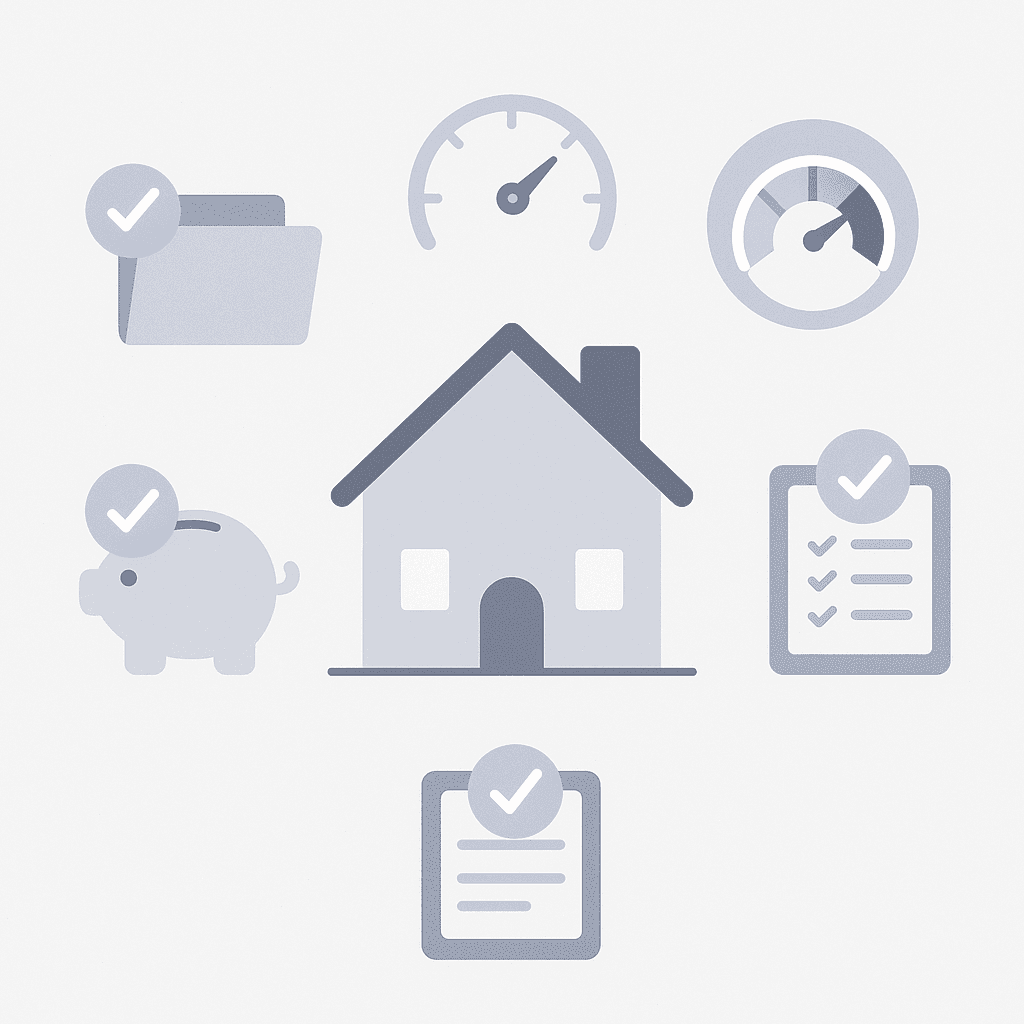 Checklist icons for documents, DTI, credit score, savings, and pre-approval around a house symbol
