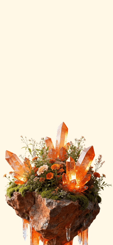 A surrealist 3D digital illustration of a floating rock island against a light cream background. The top of the rock is covered in lush green moss and vibrant orange and white wildflowers, interspersed with large, glowing orange translucent crystals. Similar long crystals and drips hang from the bottom of the rugged rock, appearing to glow from within
