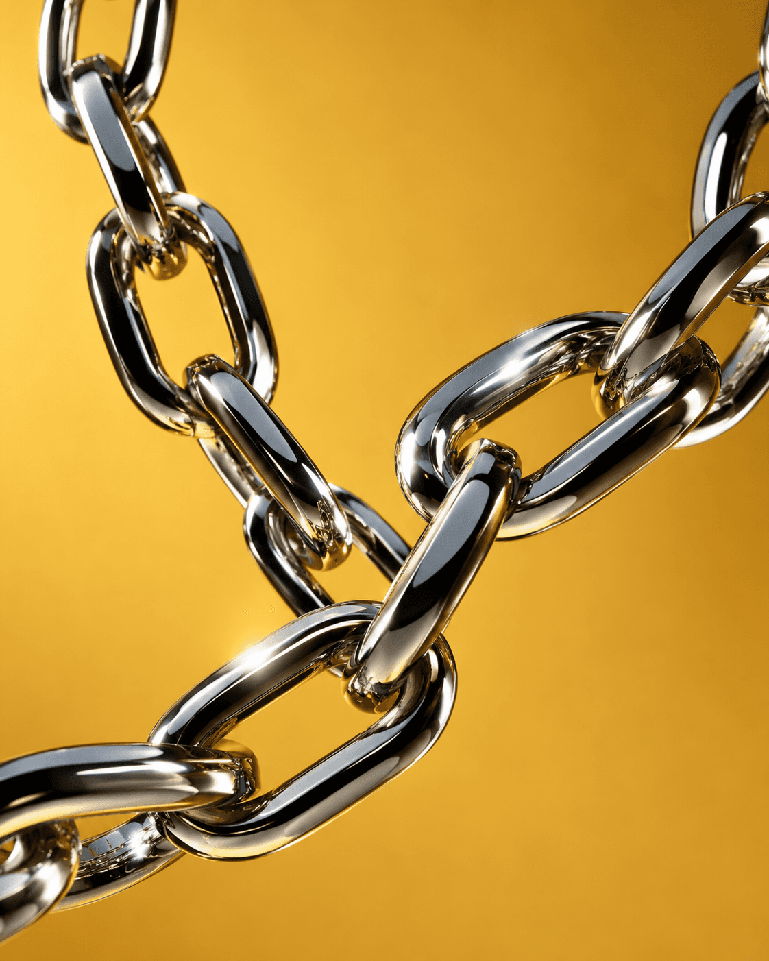 Polished chrome chain links against a golden background