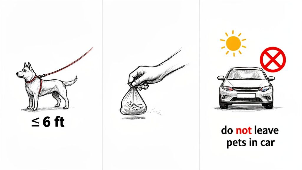 Three panels illustrate pet owner guidelines: leash length, waste cleanup, and not leaving pets in hot cars.