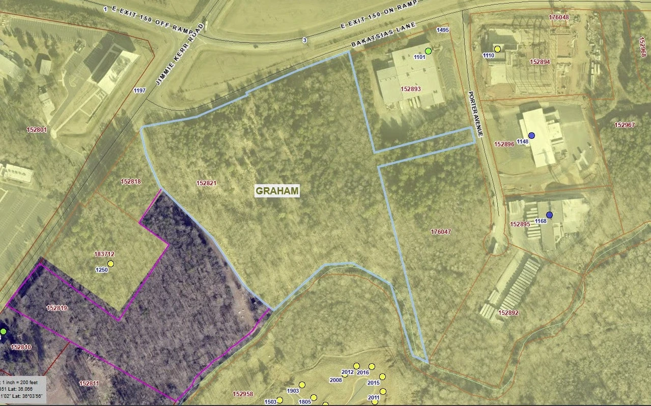 Aerial parcel map showing outlined land in Graham near Jimmie Kerr Road and Porter Avenue