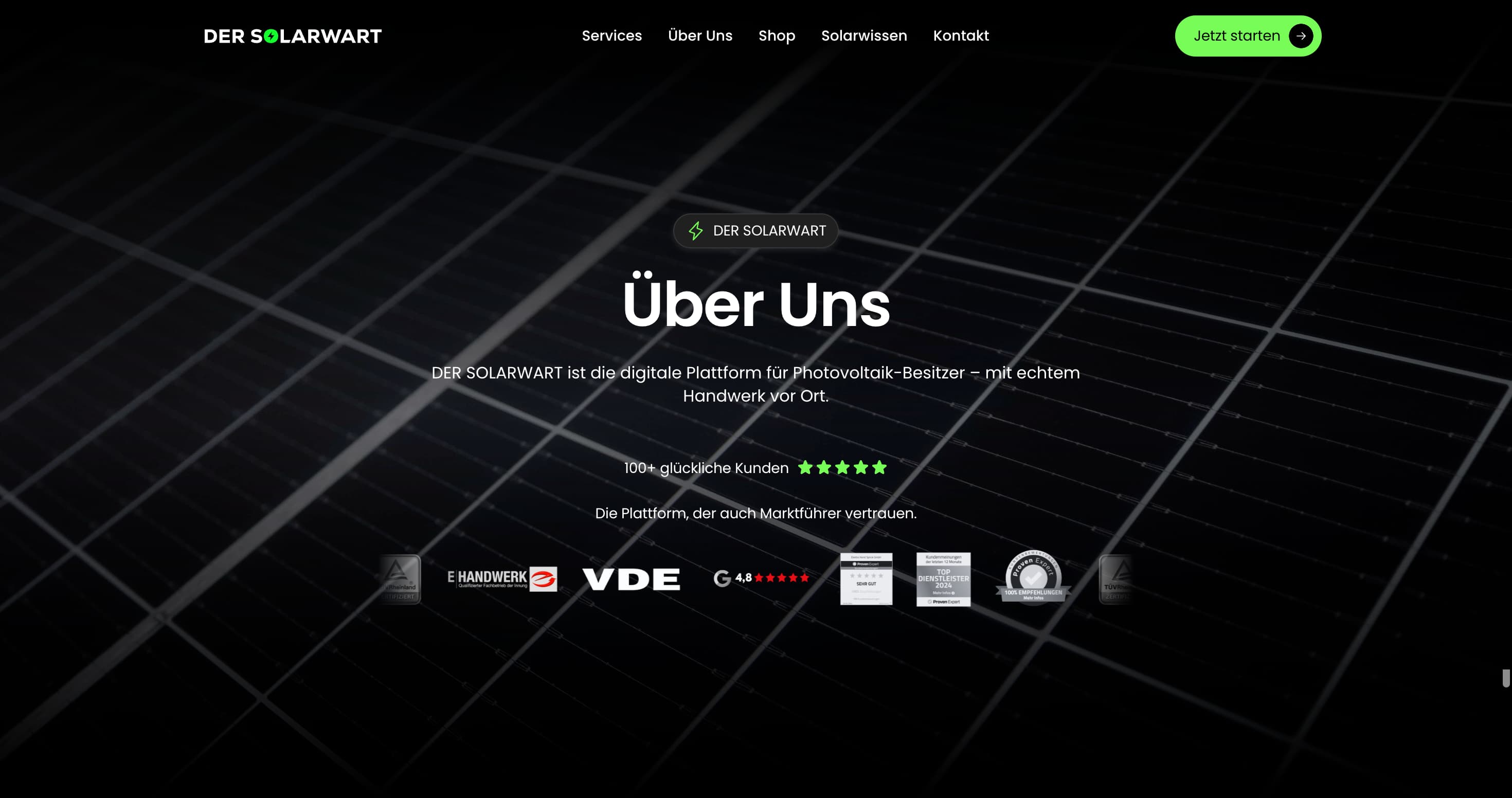 Clean gestalteter 'Über uns'-Bereich eines Solartechnik-Unternehmens mit Fokus auf Erfahrung und Team – Professionelles Webdesign für Solarfirmen von Webnity-X