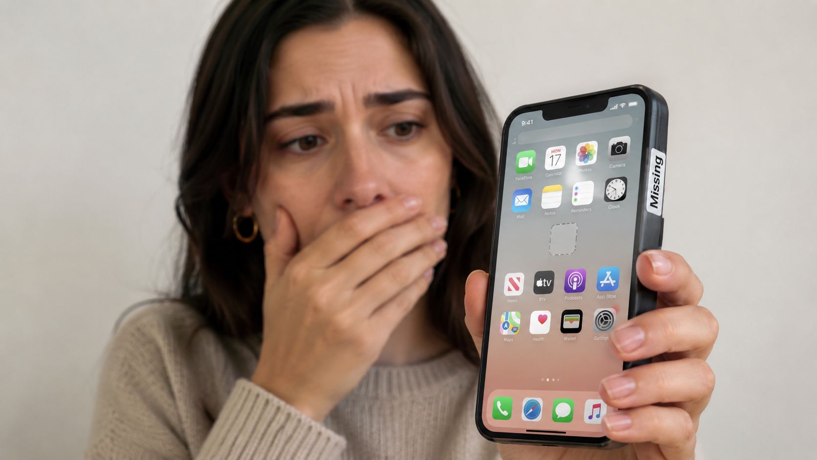 A distressed woman looking at her smartphone which has a Missing label attached to the case.